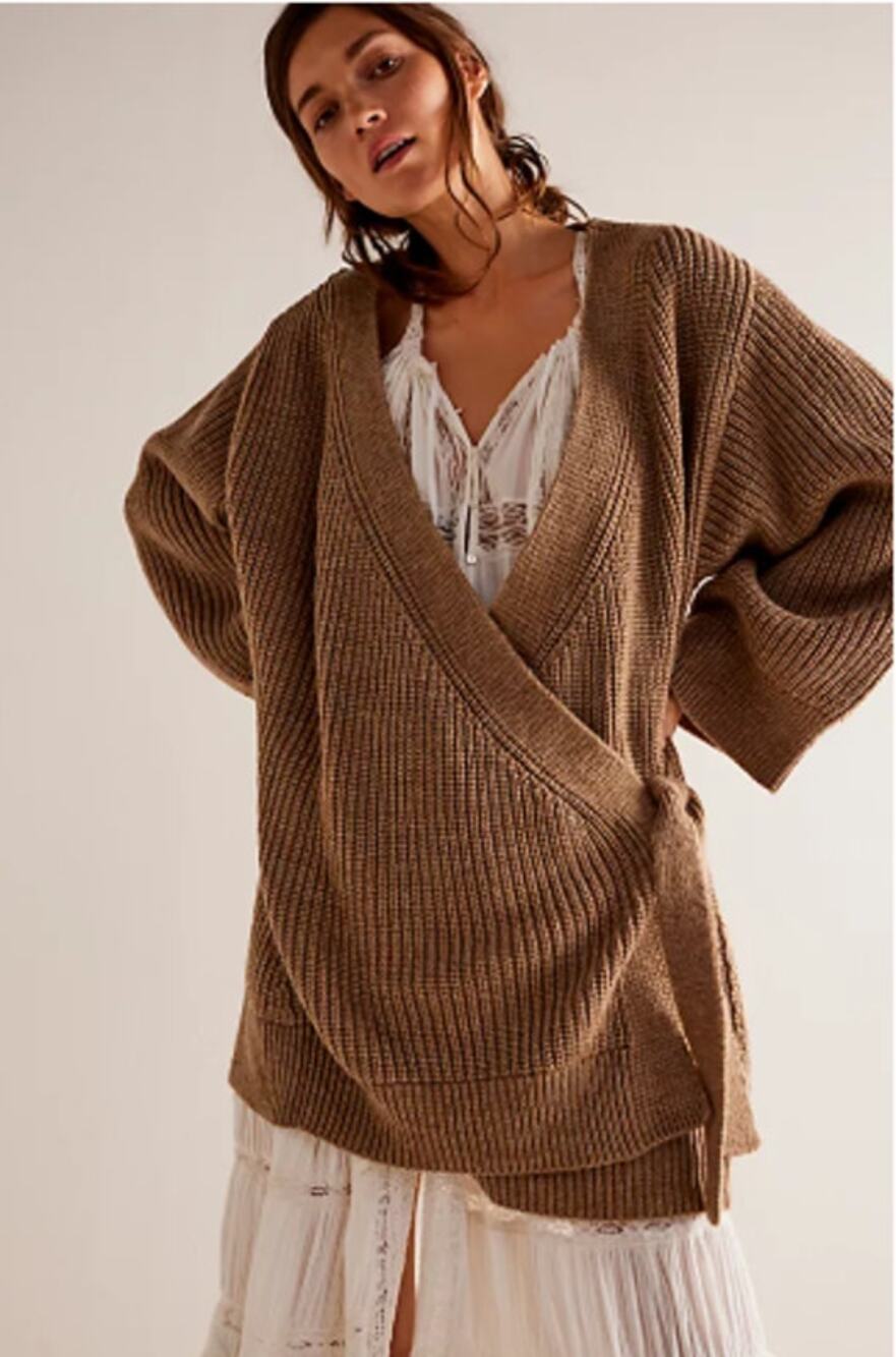 Free People We The Free Obi Cardi Driftwood Ribbed Wool Blend Wrap Cardigan M
